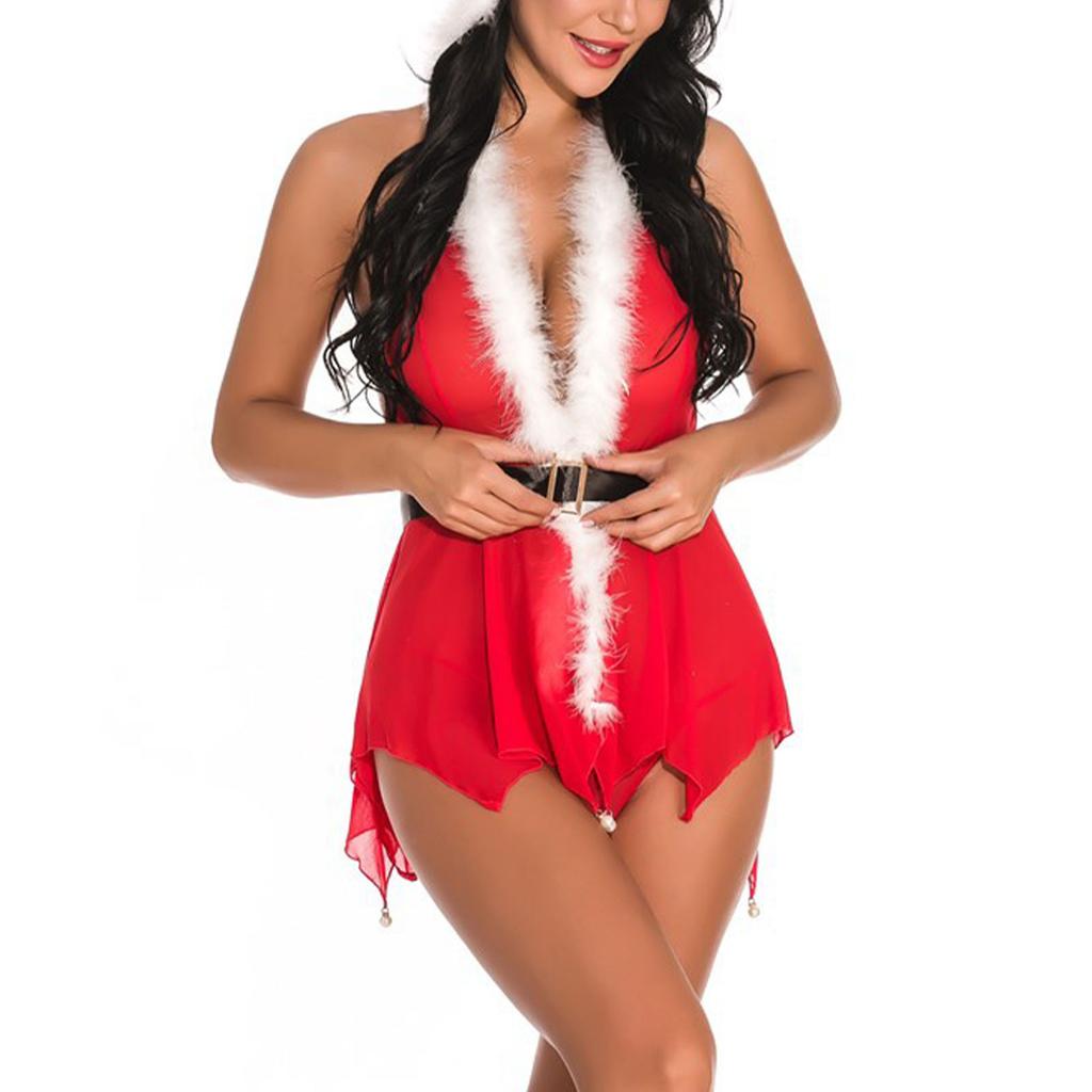 Women Christmas Cosplay Suit Irregular Hem Deep V Neck Role Playing Dress Hooded Backless Intimate Nightwear Red L