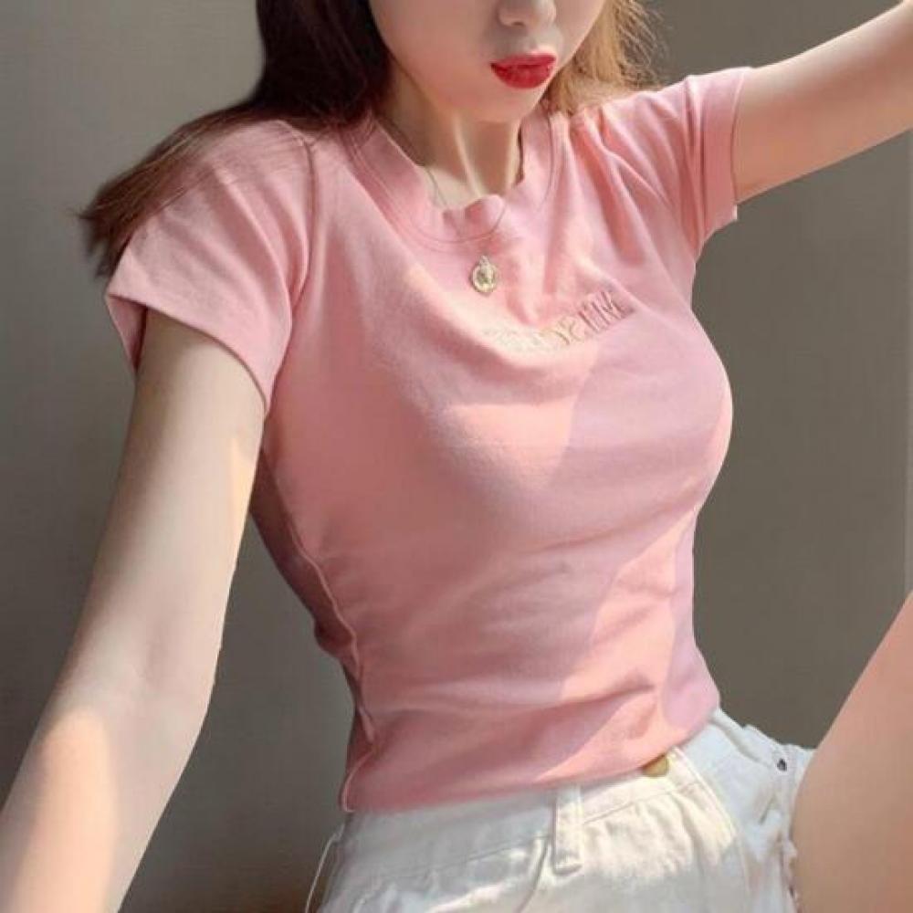 New Arrivals Open Run Women Slim FiT ShorT Sleeve T shirT wiTh Simple Color Emb