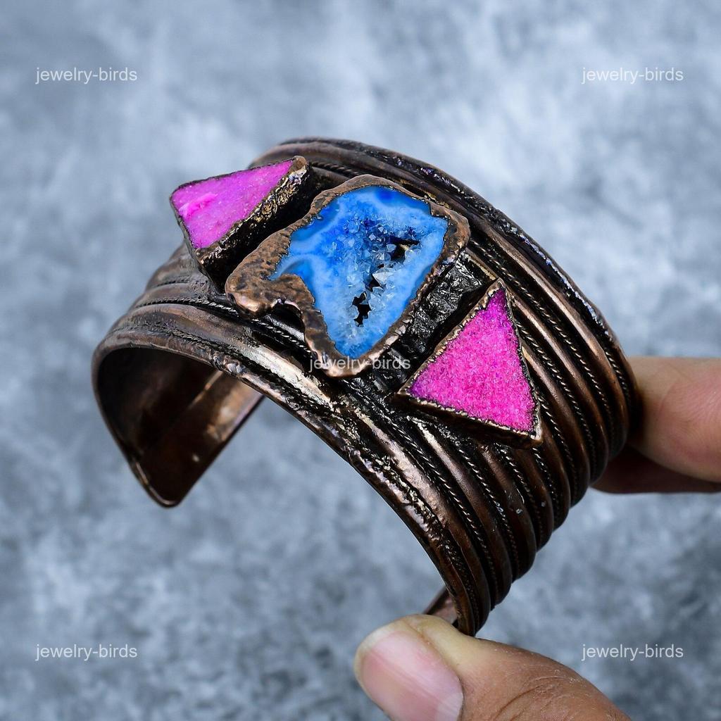 Pierre de Quartz Solaire Bleue Cuivre Nouveau Électroformé Cadeau pour Femme Bracelet Manchette d'Anniversaire VP-126