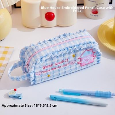 New Dopamine Style Stationery Bag Embroidery House Checkered Pencil Storage Bags Large Capacity Pencil Pouch School Use