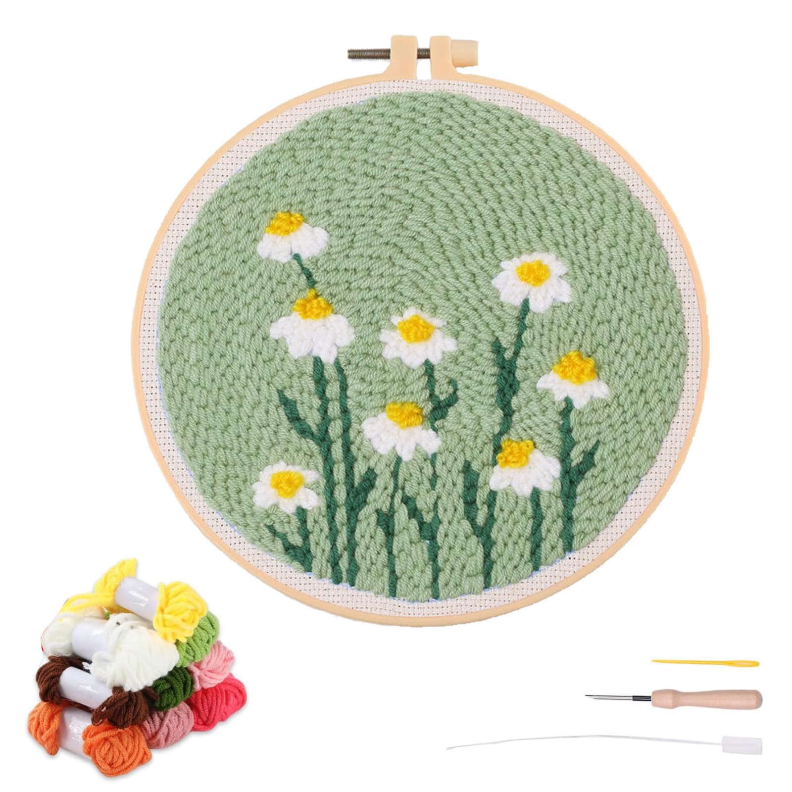 

artcici Набор для вышивания иглой для начинающих, включает инструмент и нитки с цветочным зеленым узором, и простой набор для ковровой вышивки (зеленый) зелёный