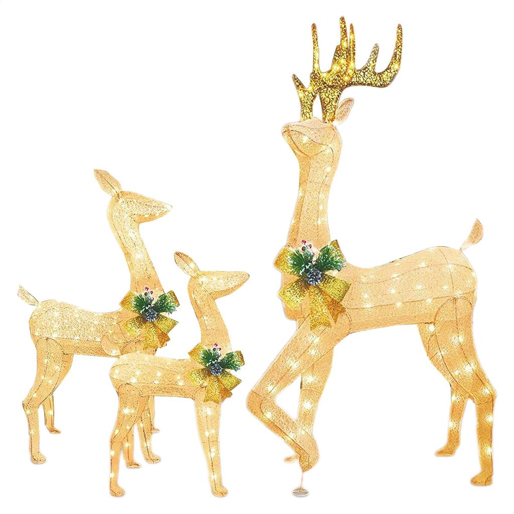 Christmas Led Light-up Reindeer Family Decorations, Outdoor Christmas Yard Decorations With Bows, Festive Lawn And Garden Decor