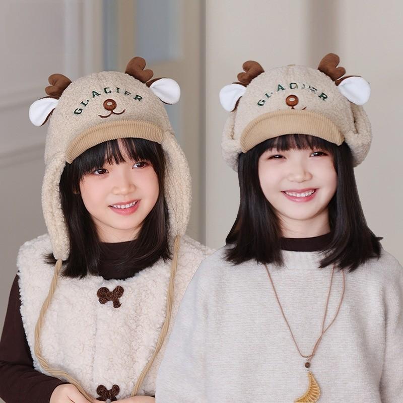 Winter Kids Cartoon Deer Plush Hat With Windproof Ear Flap For Outdoor Warmth