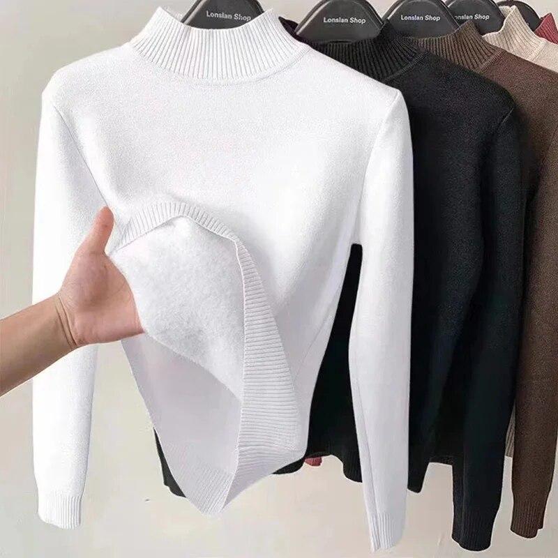 WTEMPO Vintage Turtleneck Winter Sweaters New Casual Knitted Pullover Fashion Fleece Lined Thick Warm Knitwear Women Velvet Tops