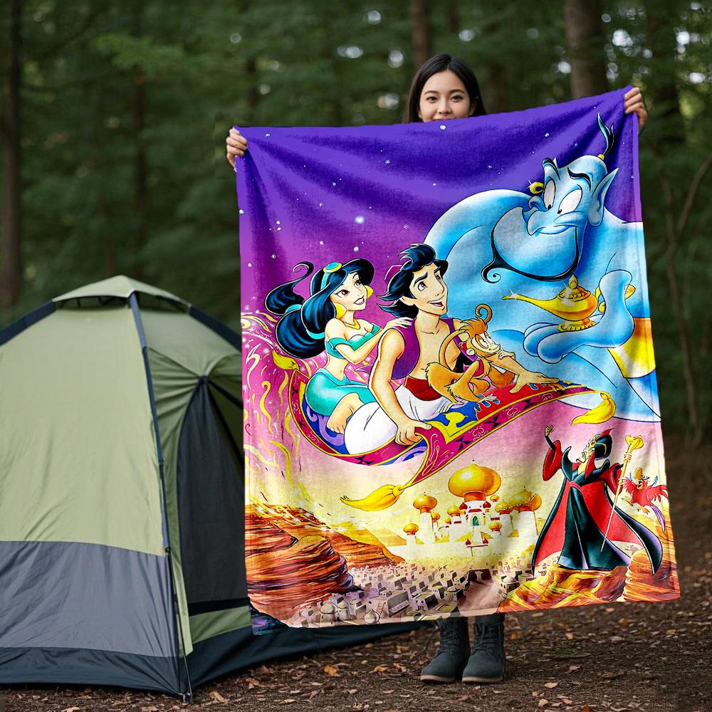 1pc, Aladdin's Genie and Jasmine On a Flying Carpet Blanket Room Decor, Soft Bedding Cover, Living Room, Travel, Camping