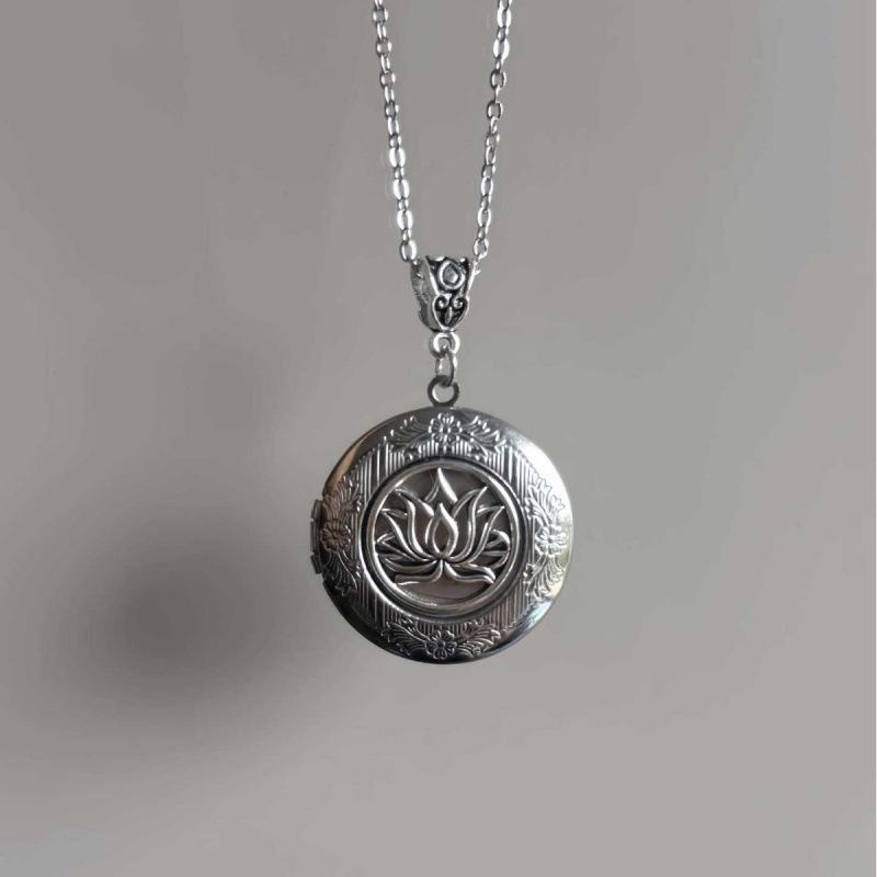 Retro Silver Lotus Flower Jewelry Box Necklace with Stainless Steel Chain