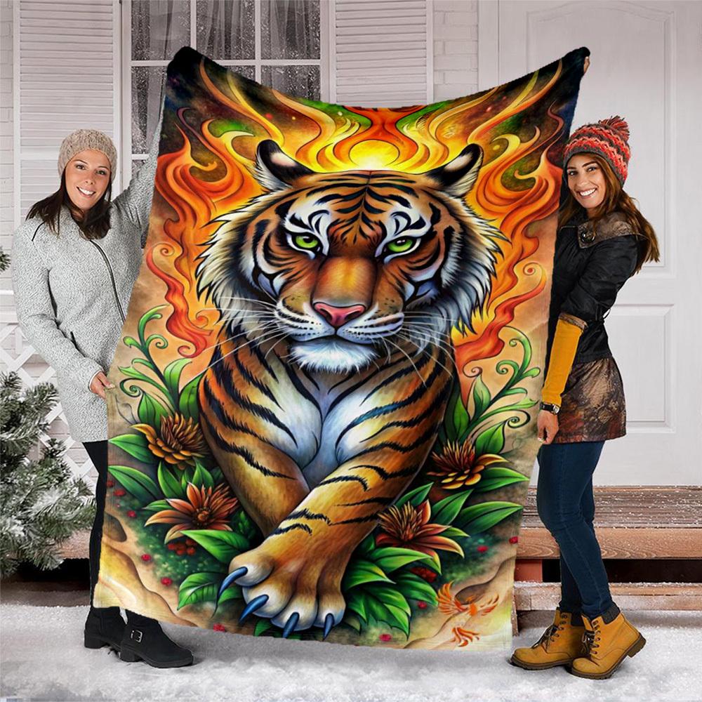 1pc Tiger Flames Design Throw Blanket Polyester Fiber, Lightweight Flannel, Soft & Warm, All Season Use for Outdoor, Camping Digital Print