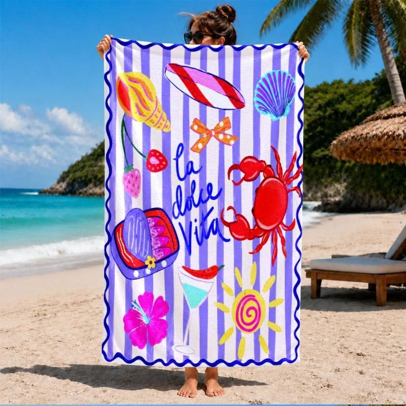 Mediterranean Summer Doodle Style Pink White Stripe Lobster Fruit Seafood La Dolce Vita Print Quick Dry Beach Towel