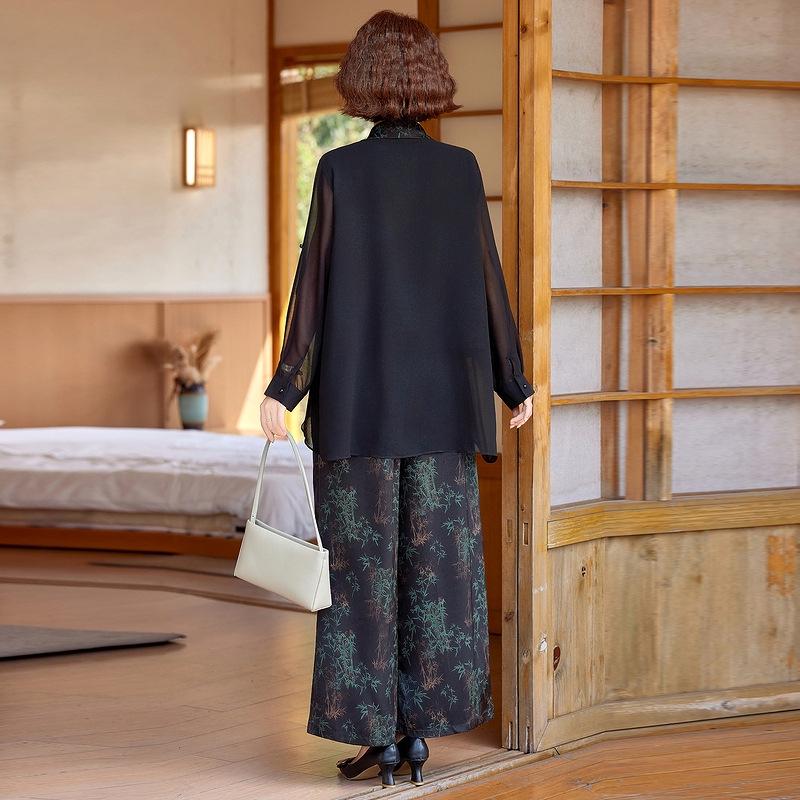 Elegant Summer Two-Piece Set: Chinese Style Wide-Leg Pants & Faux Two-Piece Top for Women