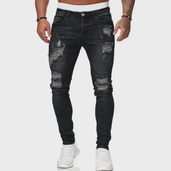 Men's Ripped Skinny Badge-Style Denim Jeans with Zipper Holes