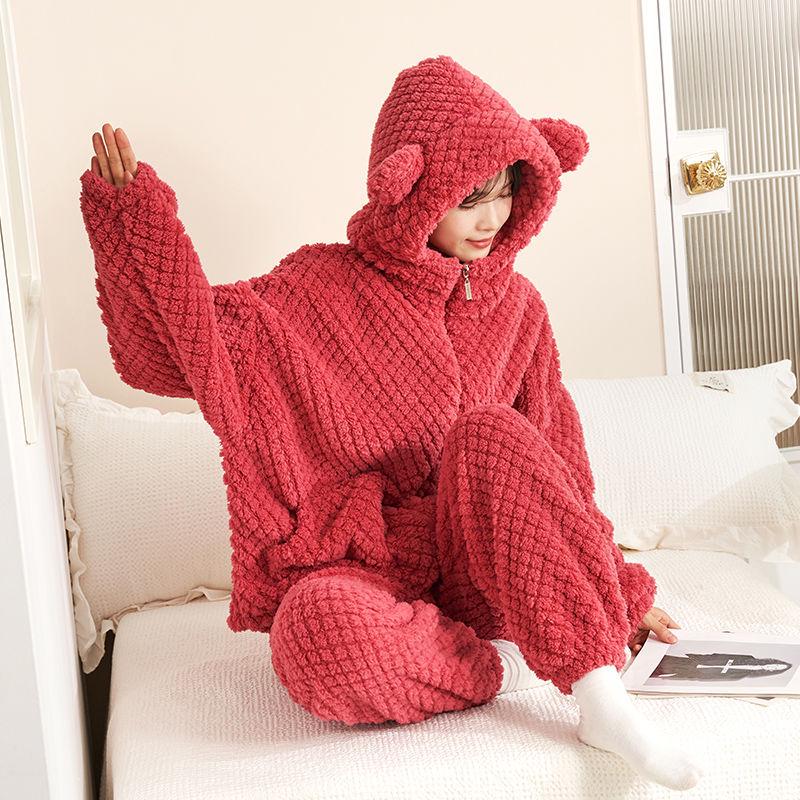 Women's Coral Fleece Pajama Set - Hooded & Zippered, Thick Flannel with Plus Velvet, Suitable for Outdoors in Autumn & Winter