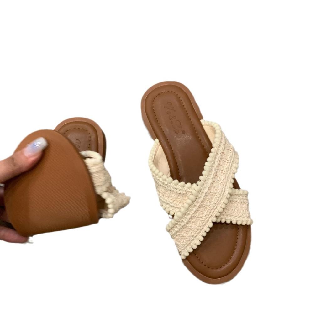 Ethnic Cool Slippers 2025 New Summer Vintage Woven Cross Bohemian Student Flat Bottom Flip