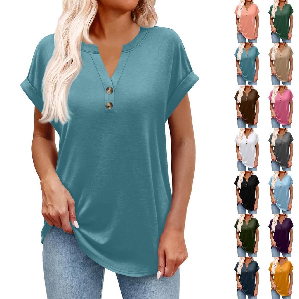 Women's Fashionable Casual Short-sleeved V-neck Button Printed Pullover Top
