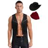 Mens Western Cowboy Costume Faux Suede Tassel Vest with Rivets Design Vintage Bandanna Hat 3 Piece Set