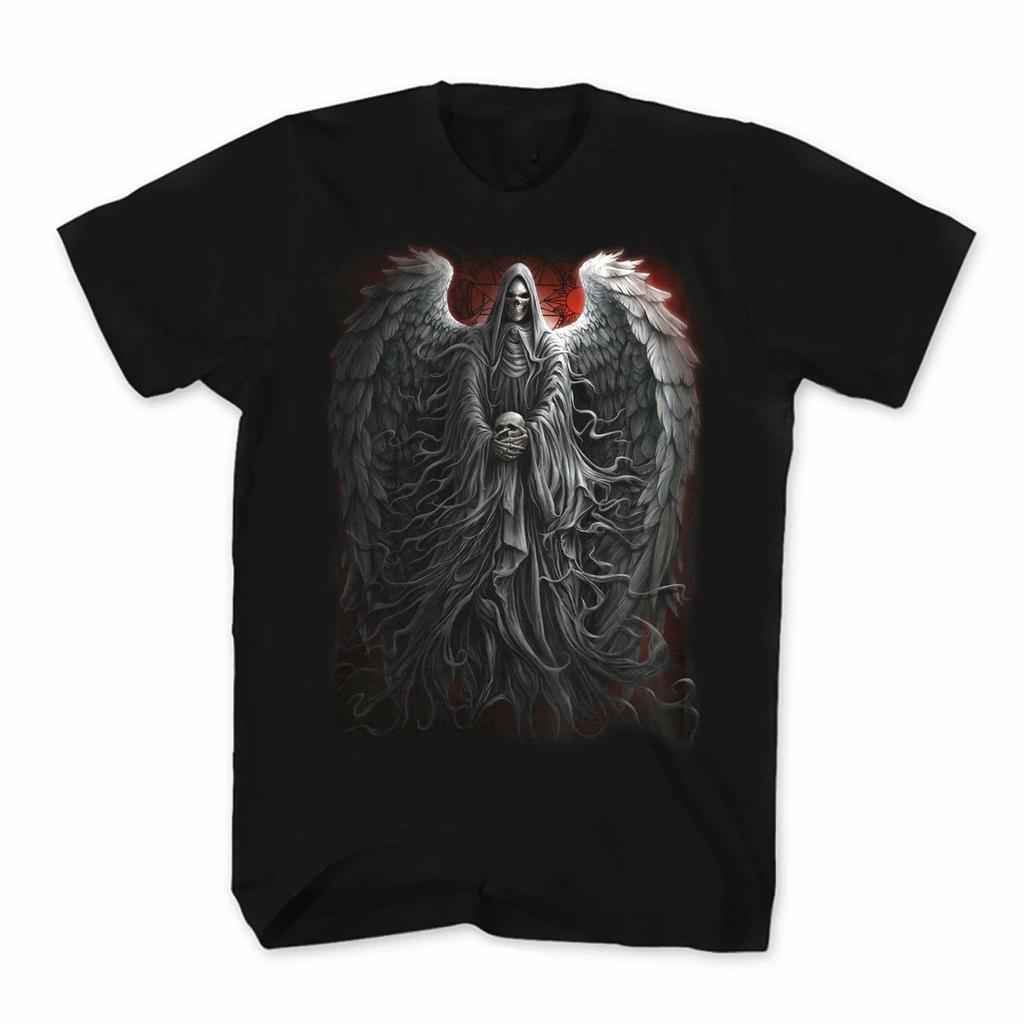 Death Robe Grim Reaper Skull Wings Punk Rock Biker T-Shirt 100% Cotton O-Neck Summer Short Sleeve Casual Mens T-shirt Size S-3XL