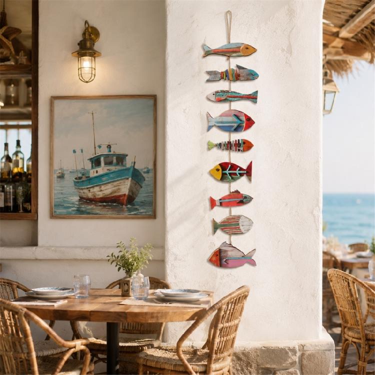 Multicolor Distressed Fish Wall Sculpture Decors, Painted Wooden Beach Coastal Hanging Sign for Bathroom Bedroom Living Room Entryway