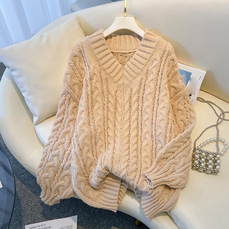 Verdikte V-hals Gedraaide Trui Dames Herfst Winter Gebreide Basislaag Top Lazy Style Design van het Seizoen