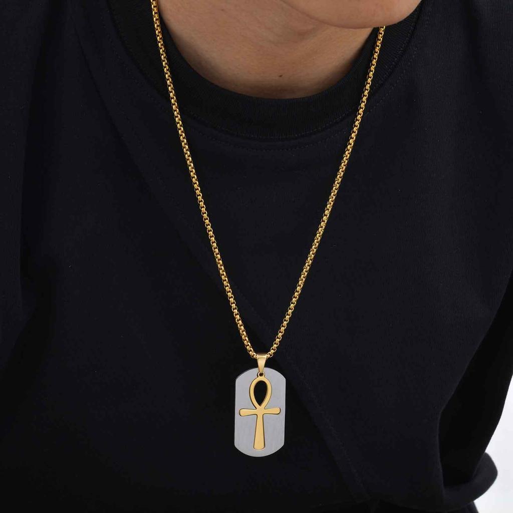 Pánský náhrdelník s křížem ANKH, Nerezový náhrdelník s psí známkou, Víra Egypt Zirkon Dárek