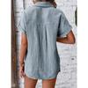 Women lapel collar crinkle textured short sleeve shirt solid multi color loose fit beach casual button down blouse