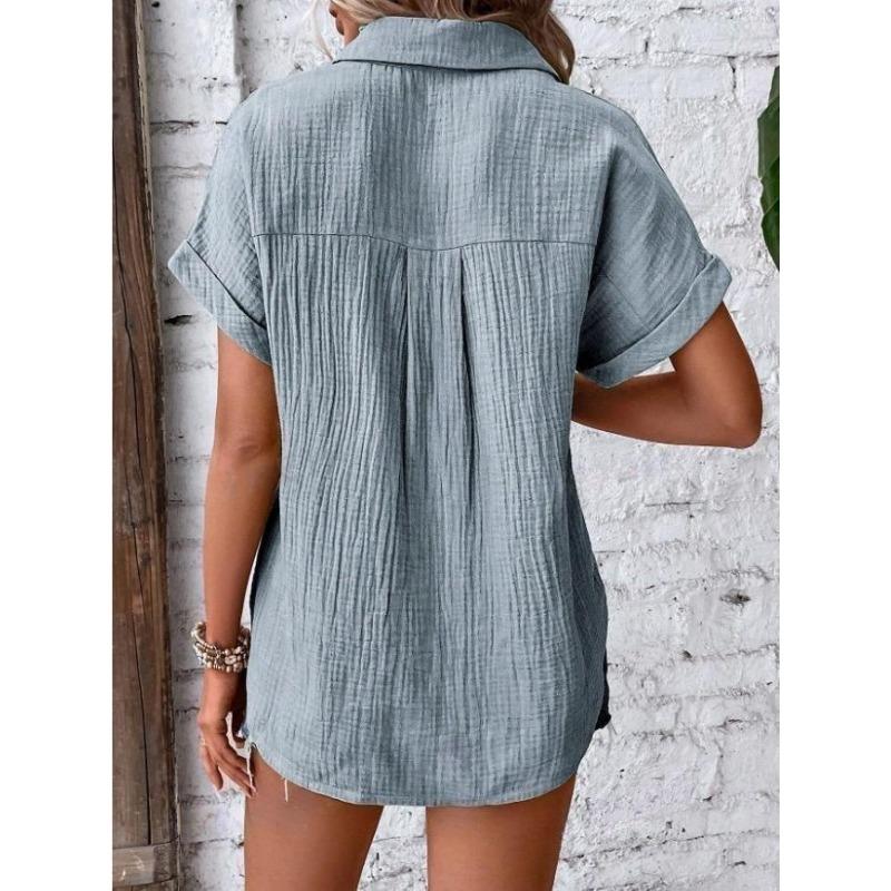 Women lapel collar crinkle textured short sleeve shirt solid multi color loose fit beach casual button down blouse