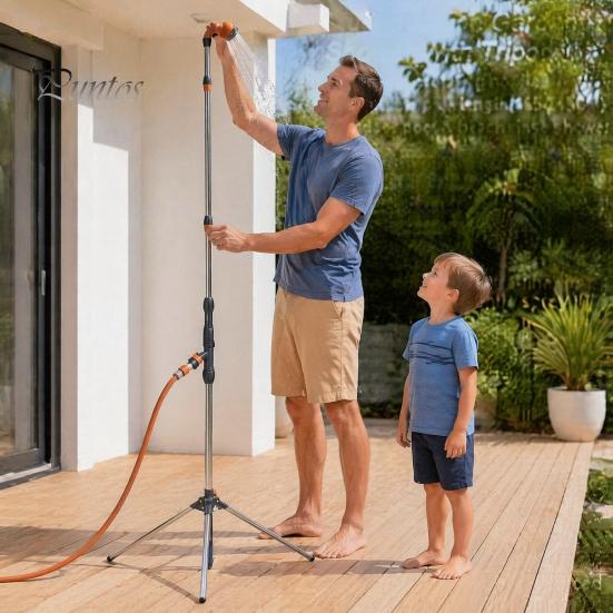 Rostbeständige Metall-Dusch-Teleskop-Gartendusche, Camping mit Stativfuß, 9-strahlig, Einfache Bedienung, Wasserventil-Einstellungen, Höhenverstellbar, Tragbar