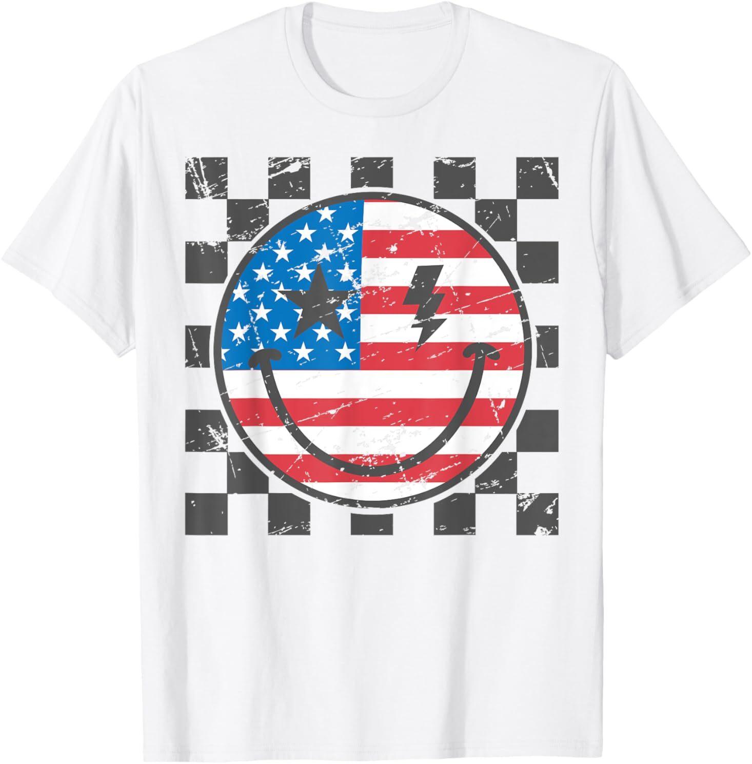 Happy 4th Of July Groovy Smile Face Red White Blue USA Flag T-Shirt Mens Womens Tees Top 4XL