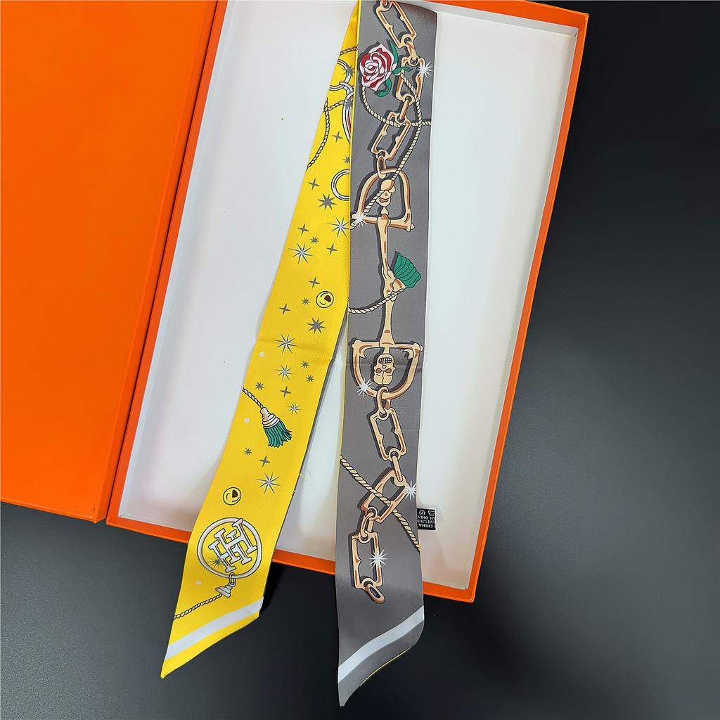 Four Seasons Ladies Twill Silk Scarf with Chain Buckle Decorative Ribbon Bag Strap Wrap Gift Present Accessory