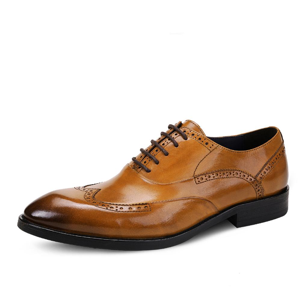 Dress Leather Shoes Men'S Genuine Leather British Carved Brock Men'S Shoes First Layer Cowhide Business Dress Pointed Oxford Shoes