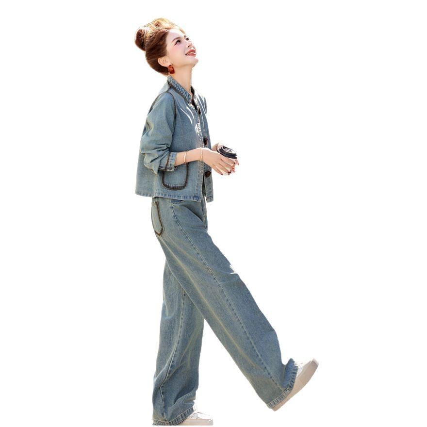Casual fashion retro denim suit women's spring new design sense age-reducing wide-leg pants two-piece set