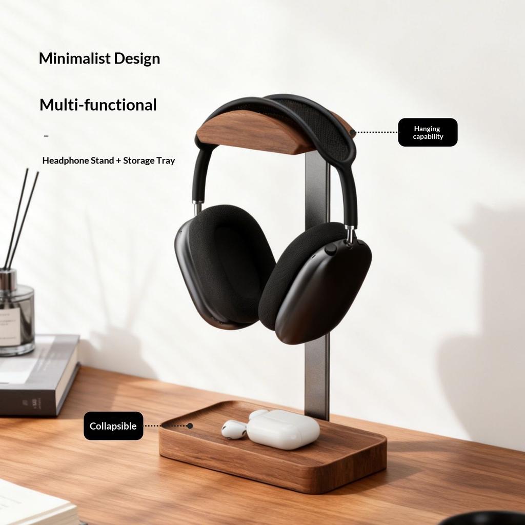 Solid Wood Headset Holder Headphone Stand Computer Gaming Hanger with Base Storage