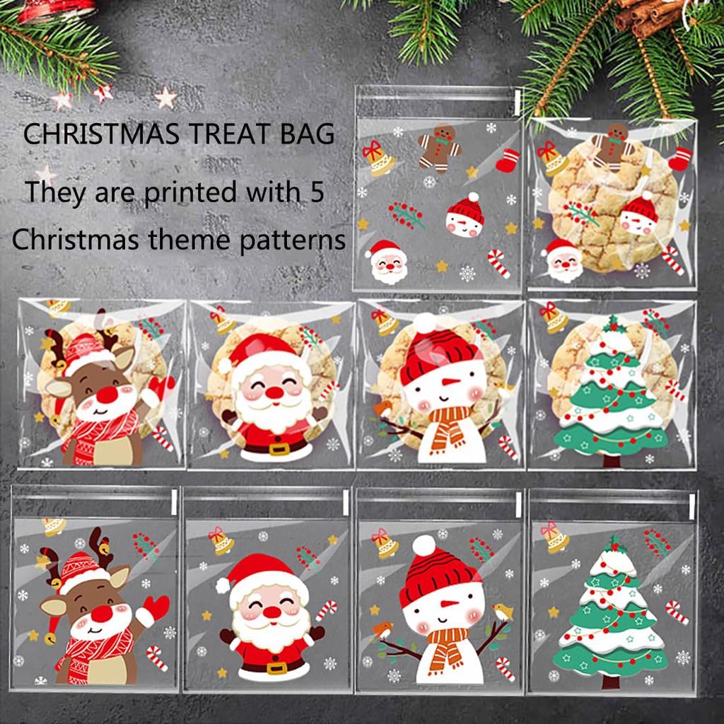 100/200/300 bucăți pungă de bomboane pentru prăjituri de Crăciun cu model de Moș Crăciun, pungă de ambalare cadou cu auto-sigilare pentru decorarea petrecerii de Anul Nou de Crăciun