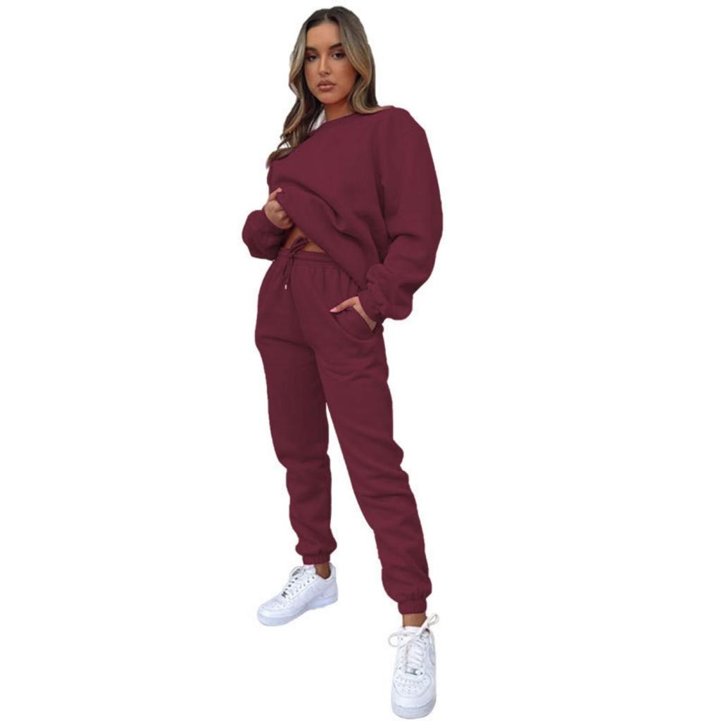 Autumn and Winter Solid Color Round Neck Pullover Long Pants Women's Fashion Casual Long Sleeved Sweatshirt Set