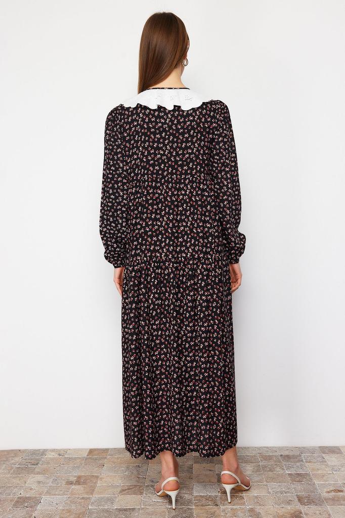 Women's Style Hijab Dress Black Patterned Scallop Neck Detailed Viscose Dress