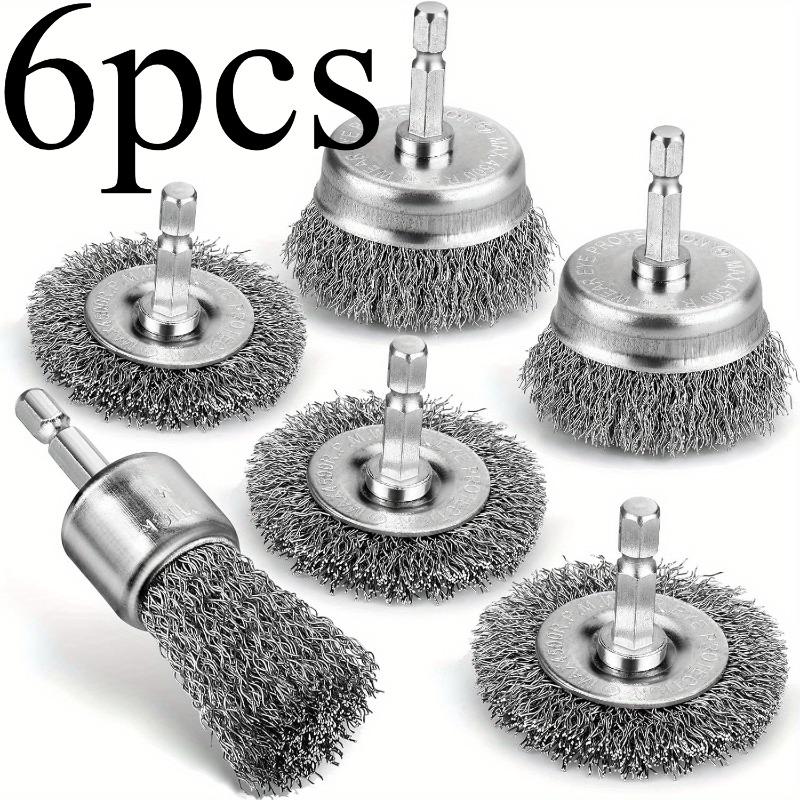6 Stück Professionelle Kohlenstoffstahl-Drahtbürsten-Bohreraufsätze - Sechskantschaft, Rostentfernungsaufsätze, Topfbürsten zur Reinigung und Politur, Reinigungswerkzeuge