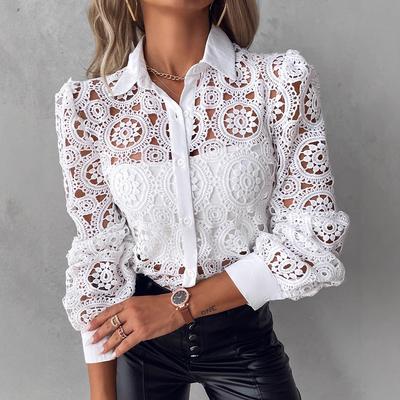 Lace Blouses For Women Elegant Office White Shirt Long Sleeve Button Turn-down Collar Sexy Hollow Tops Fashion Women's Clothing
