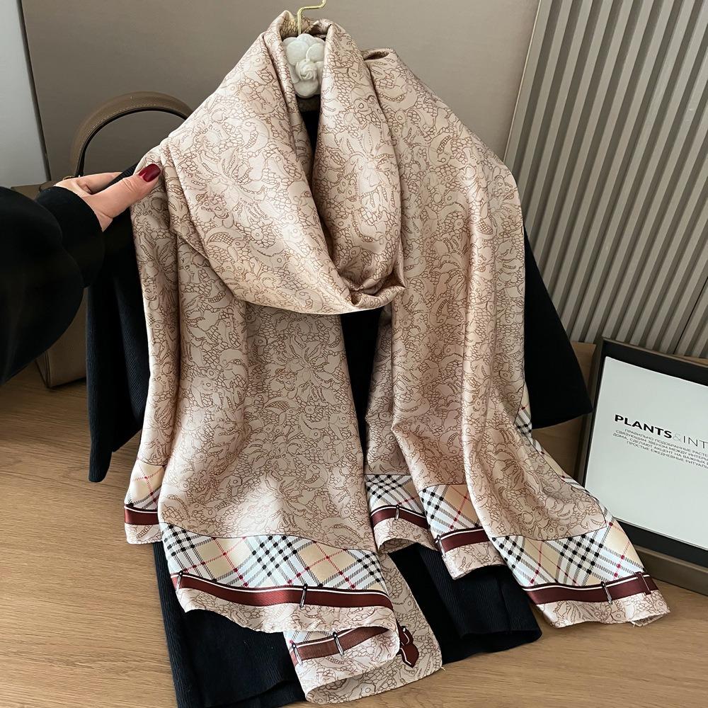French Design L Silk Scarf Women's Long Satin Spinning Shawl High-end Light Luxury Ins Style Versatile Professional Wear