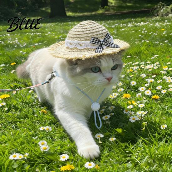 Cat Costume Accessories Straw Hat Pet Sun Hat with Lace And Bow Summer Outdoor Cute Protection for Cats Small Dogs Walks