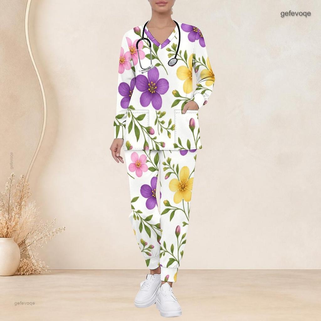 Women Plus Size White Green Floral Printed Nurse Scrub Set V Neck Long Sleeve Pockets Top And Long Pants