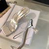 Fashion SUOJIALUN 2025 Summer Women Slipper Fashon Narrow Band Ladies Elegant Dress Sandal Shoes Thin Med Heel Square Toe Slides Shoes