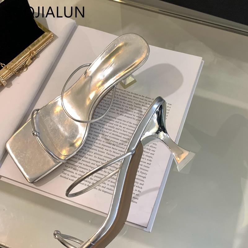 Fashion SUOJIALUN 2025 Summer Women Slipper Fashon Narrow Band Ladies Elegant Dress Sandal Shoes Thin Med Heel Square Toe Slides Shoes