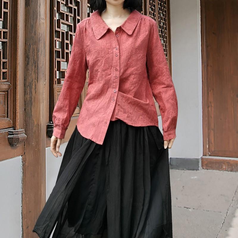 Johnature Damen Herbstmode Chinesischer Stil Langarmhemd Lässig Einfarbig Peter Pan Kragen Hemd