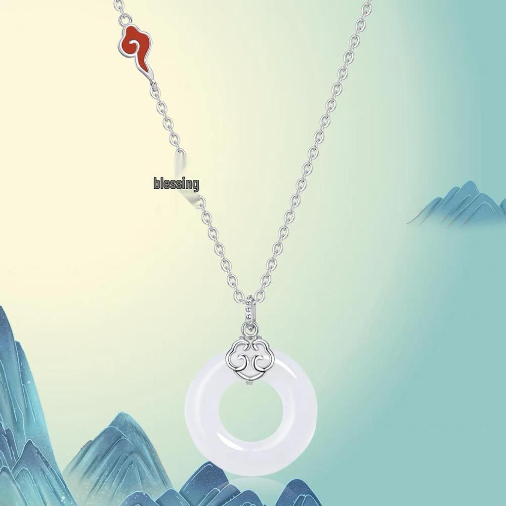 Auspicious Peace Buckle Necklace for Women - Retro Chinese Court Style with Ruyi Clouds & Hetian Jade Fortune Pendant