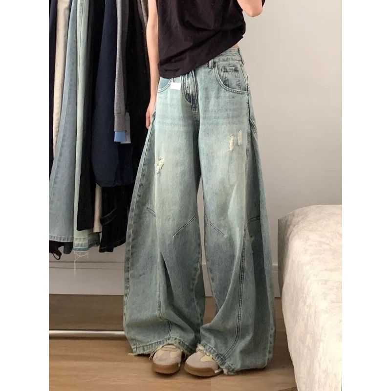 Women's High Waist Wide Leg Jeans Casual Ripped Denim Pants Vintage Streetwear