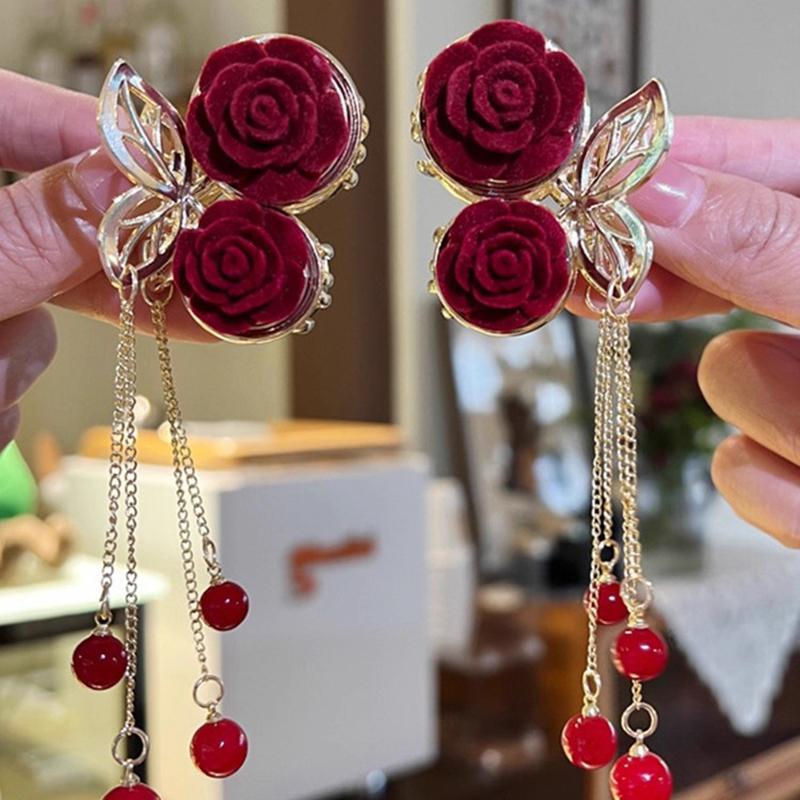 1Pc Vintage Elegant Red Flocked Rose Tassel Hair Clip Stylish Ponytail Claw Crab Clip For Girls Women Delicate Hair Accessories