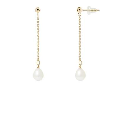 Earrings - Genuine Freshwater Cultured Pearls Pear Shape 7-8 Mm Natural White - Yellow Gold - Women's Jewelry