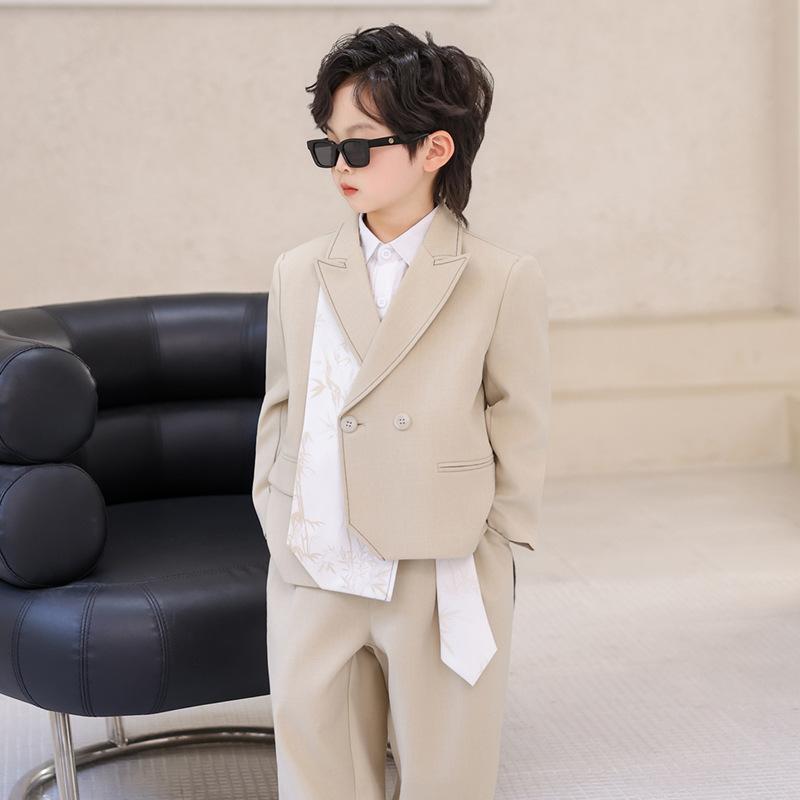 Boys Chinese Style Suit Set Bamboo Print Blazer Vest Pants Shirt for Wedding Birthday Party Photoshoot Kids School Formal Outfit