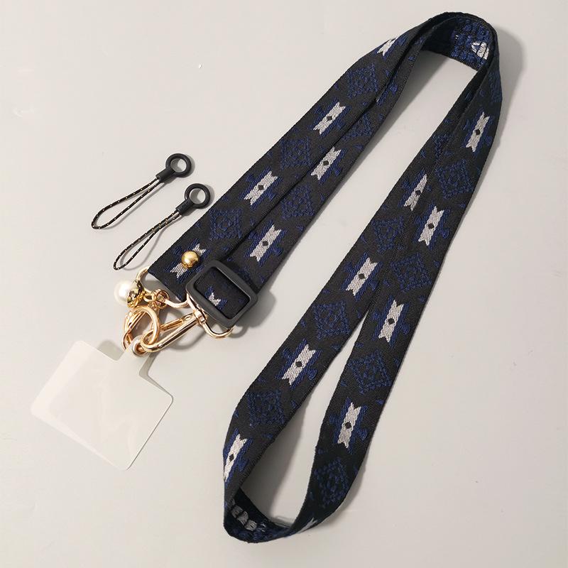 

Mobile phone lanyard Long crossbody with shoulder back Ethnic style pearl pendant Retro pattern Adjustable neck wide cloth belt crossbody style [black]