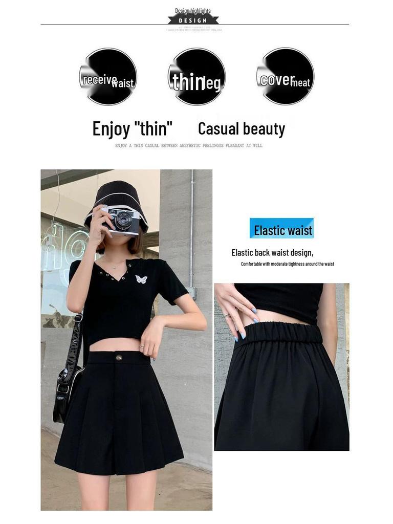 2024 Summer Women's High-Waisted A-Line Pleated Culottes