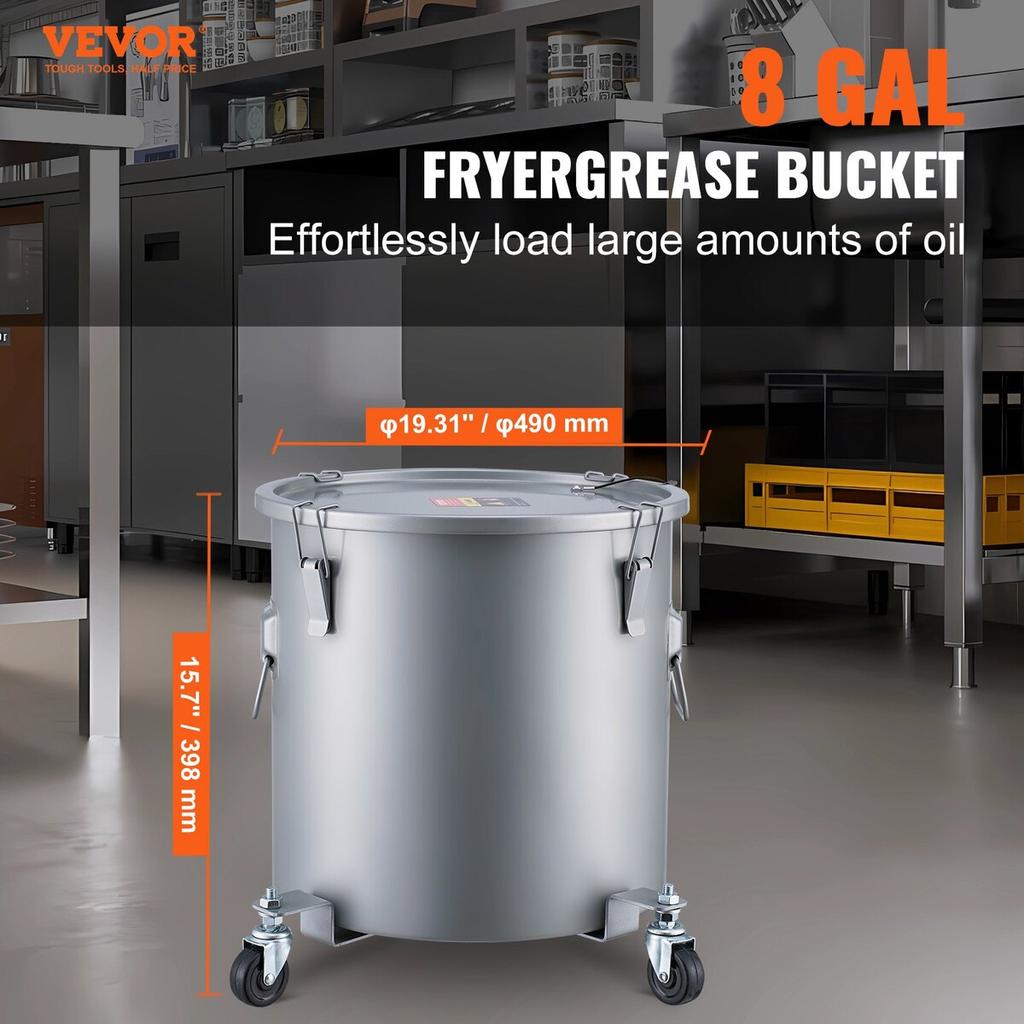 Fryer Grease Bucket, 8 Gal Oil Disposal Caddy with Caster Base, Carbon Steel with Rust-Proof Coating, Oil Transport Container with Lid, Lock Clips,
