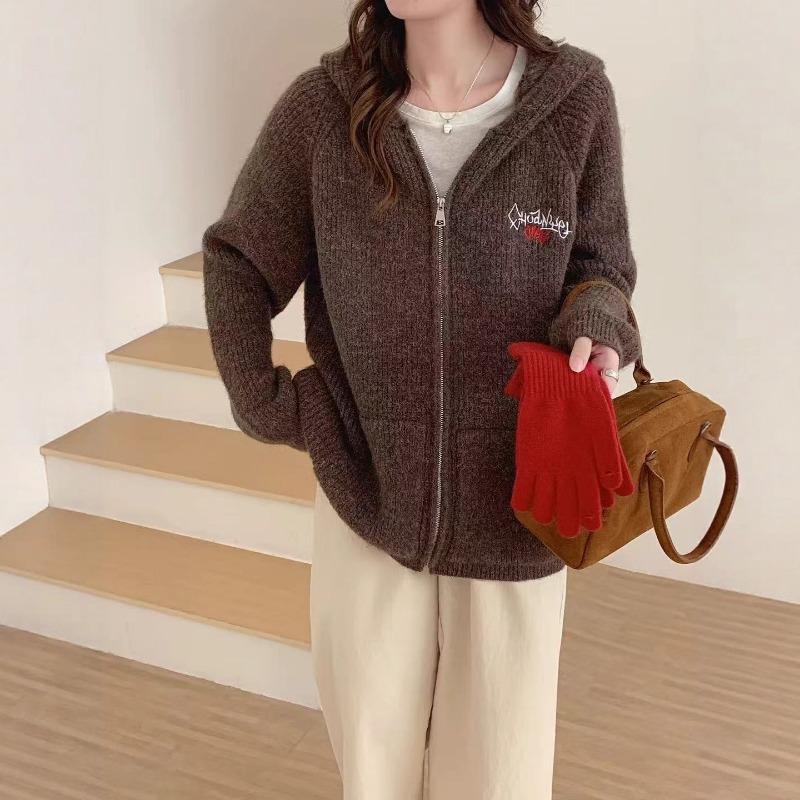 Vintage Zipper Hooded Embroidered Knitted Cardigan Autumn and Winter New Loose Casual Lazy Wind Sweater Jacket Women